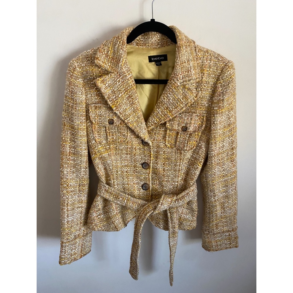 Bebe Tweed Blazer Jacket Yellow Creme Brulee Belted Button Front Made in USA 10